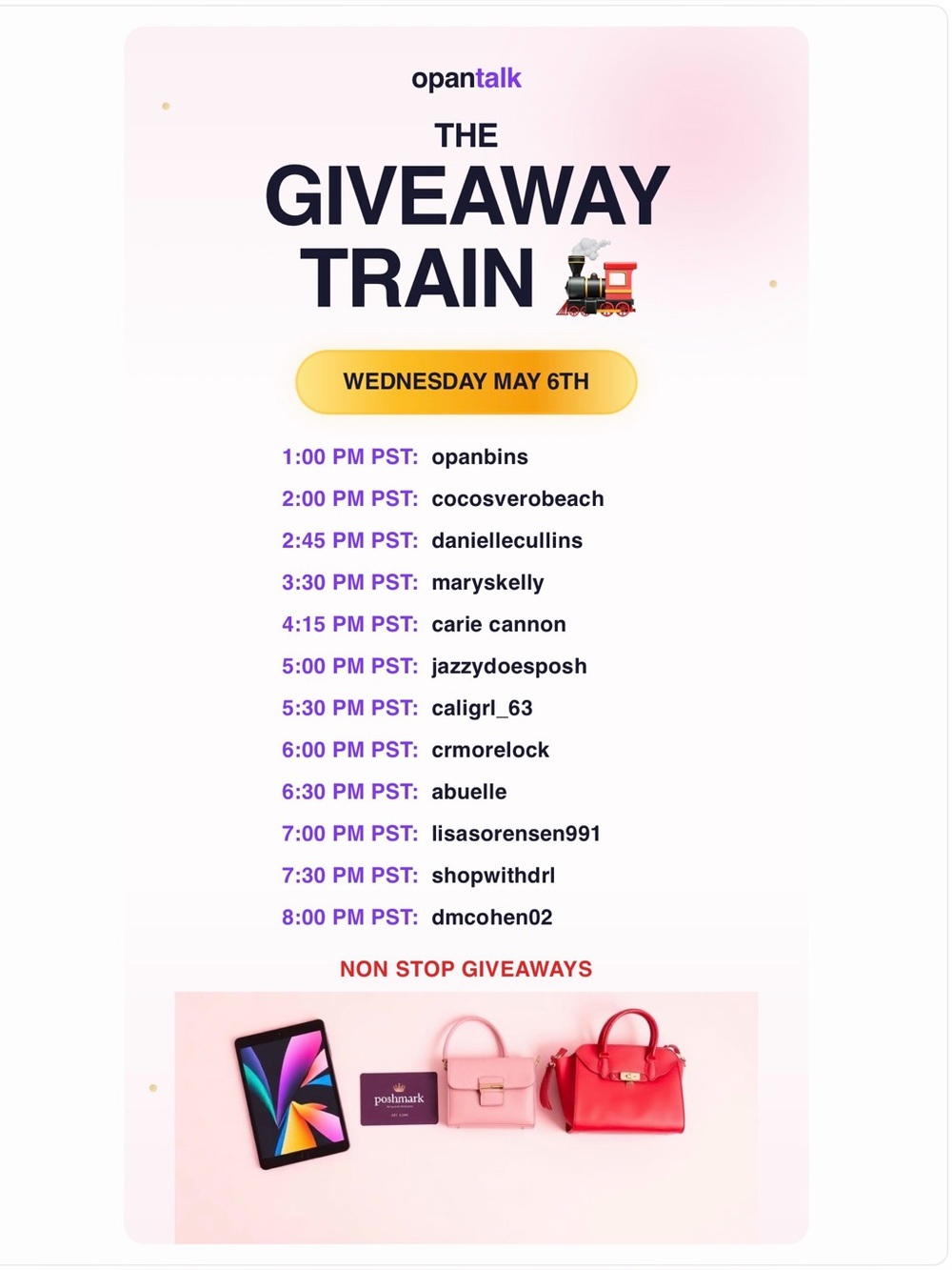 Opan Bins Raid Train-Giveaways all day and Evening